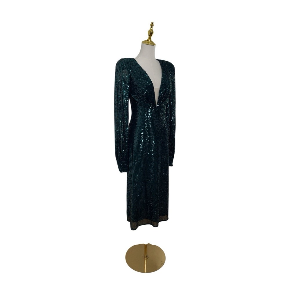 Mac Duggal 26866 Emerald Green Sequin Long Sleeve Plunge Midi Dress Size 6 $398 - Picture 4 of 7